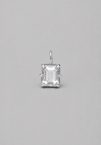 3D render of emerald-cut milky white sapphire pendant in a silver in a multi claw setting on a solid grey background.