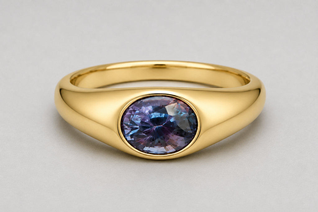 A 3D render of an oval-cut colour change sapphire flush set signet ring in a silver, shown on a neutral light grey background.