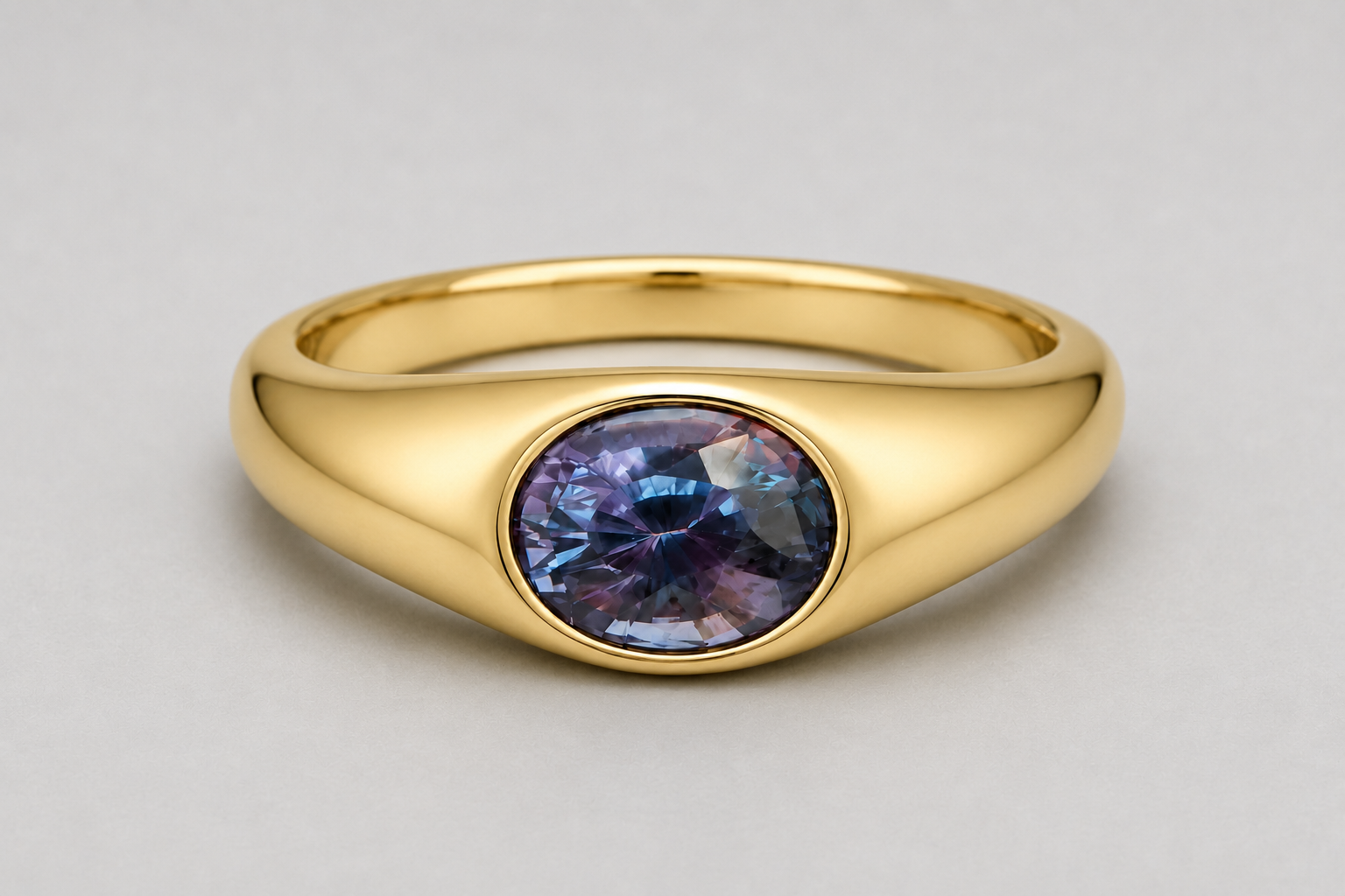 A 3D render of an oval-cut colour change sapphire flush set signet ring in a silver, shown on a neutral light grey background.