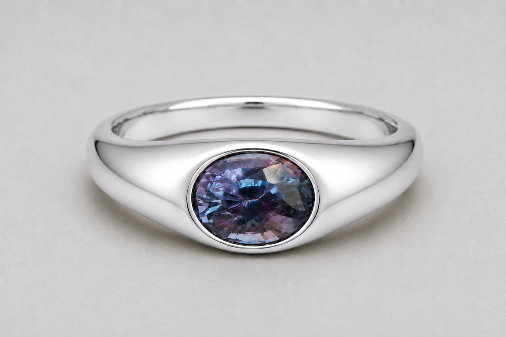 A 3D render of an oval-cut colour change sapphire flush set signet ring in a silver, shown on a neutral light grey background.