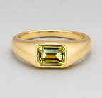 3D render of a flush set Australian yellow emerald cut sapphire in a gold signet style ring