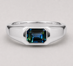 3D render of an emerald cut blue/green parti sapphire flush set in a signet style silver ring