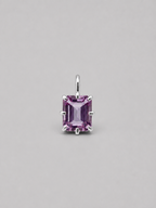 3D render of a silver multi claw pendant featuring an emerald cut purple spinel 