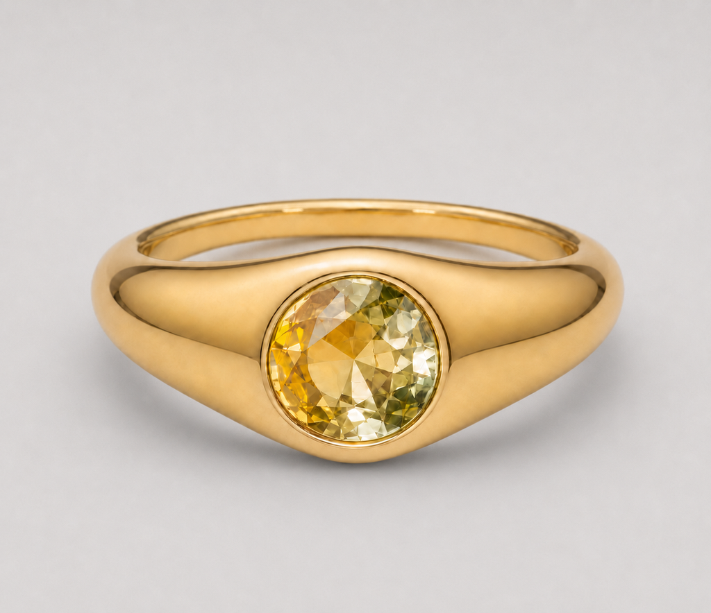 3D render of a signet style bezel set ring with a round bi-coloured yellow sapphire in yellow gold