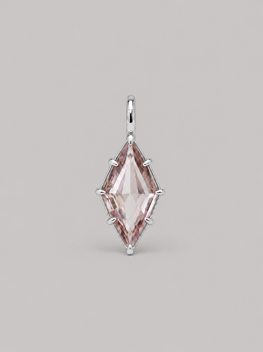 3D render of a lozenge dusty pink zircon in a sterling silver multi claw pendant setting with a thin bail