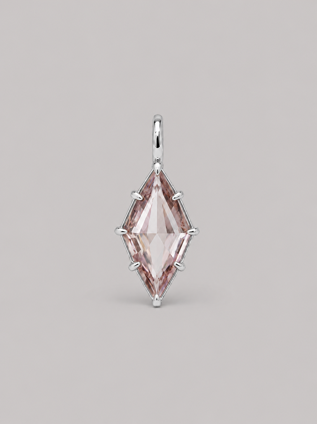 3D render of a lozenge dusty pink zircon in a sterling silver multi claw pendant setting with a thin bail