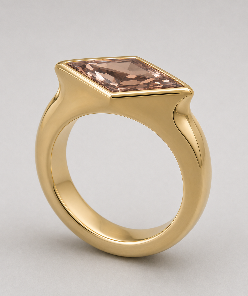 3D render of a lozenge dusty pink zircon in a yellow gold signet style ring