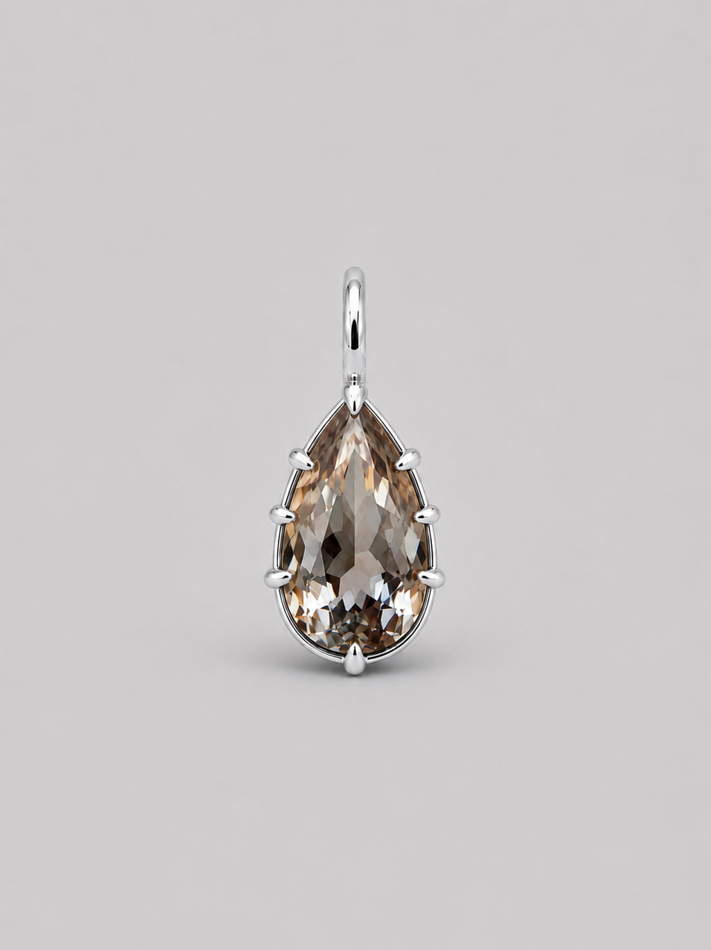 3D render of a pear shaped champagne coloured natural zircon in a sterling silver multi claw pendant setting