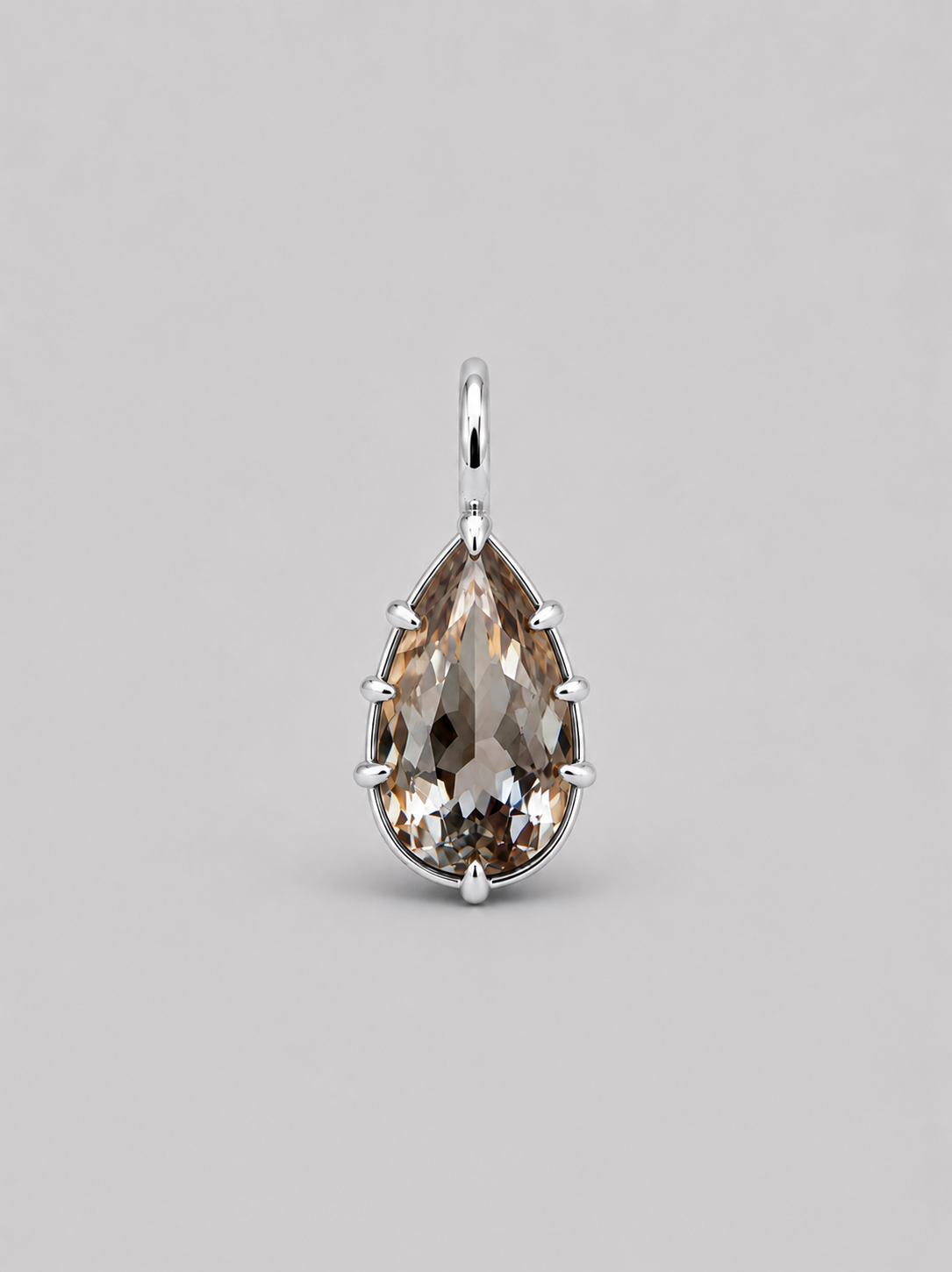 3D render of a pear shaped champagne coloured natural zircon in a sterling silver multi claw pendant setting