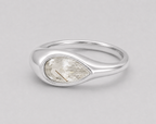 3D render of a golden rutilated white pear shape topaz in a bezel set sterling silver ring