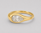 3D render of a golden rutilated white pear shape topaz in a bezel set yellow gold ring