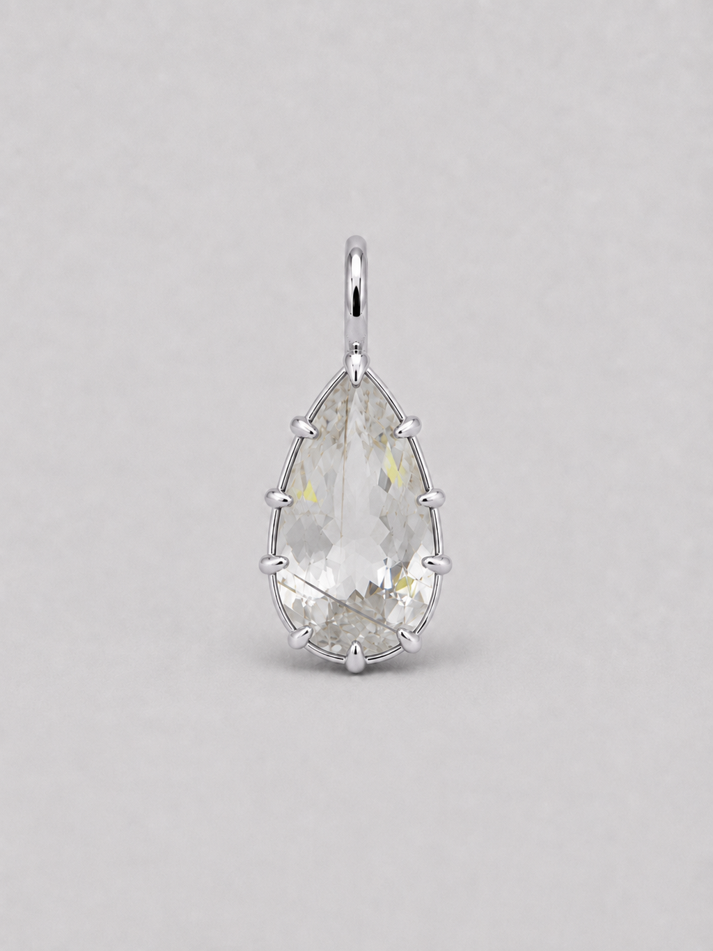 3D render of a golden rutilated white pear shape topaz set in a sterling silver multi claw pendant setting 
