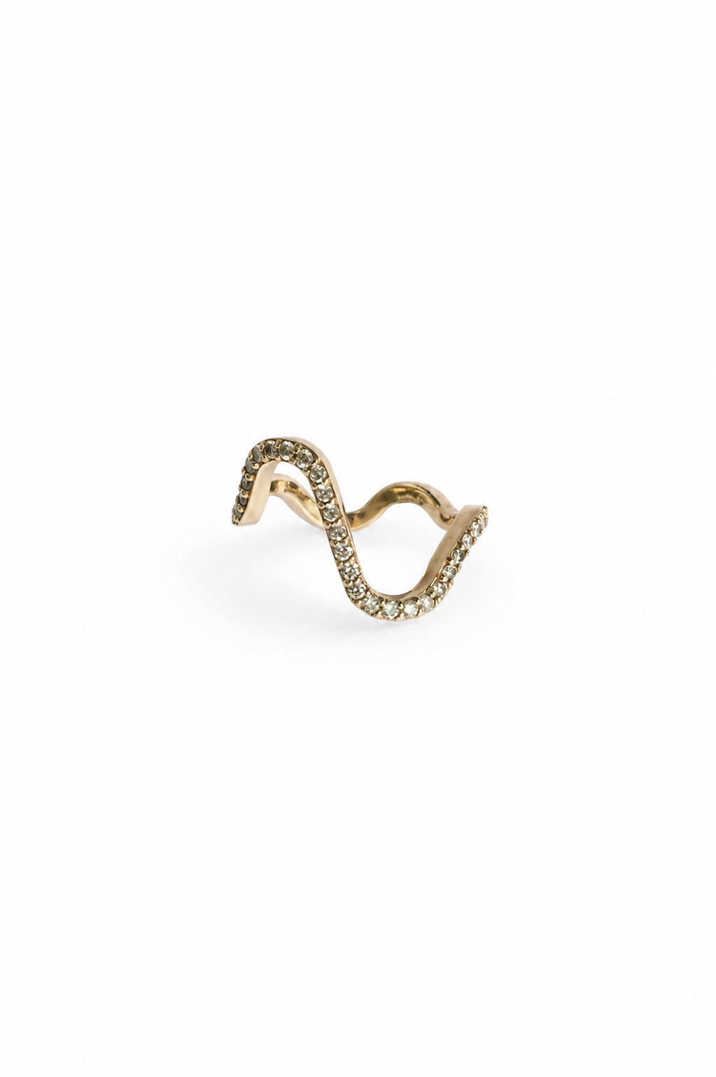 A gold-toned wavy open ring adorned with small pavé diamonds, photographed on a clean white background.