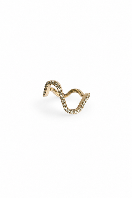 A gold-toned wavy open ring adorned with small pavé diamonds, photographed on a clean white background.