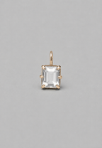 3D render of emerald-cut milky white sapphire pendant in a gold  in a multi claw setting on a solid grey background.