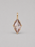 3D render of a lozenge dusty pink zircon in a yellow gold multi claw pendant setting with a thin bail