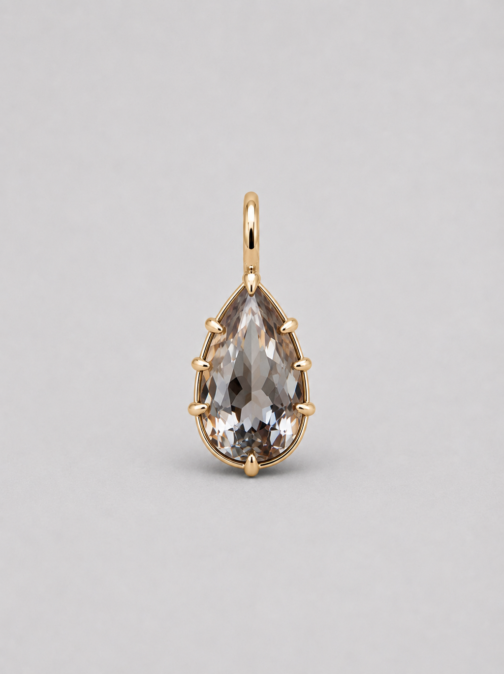 3D render of a pear shaped champagne coloured natural zircon in a yellow gold multi claw pendant setting
