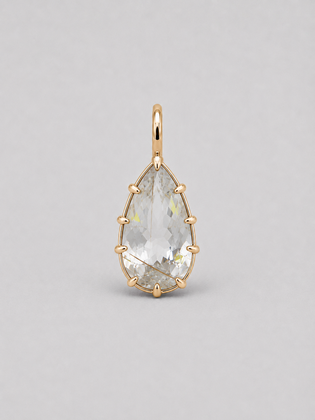 3D render of a golden rutilated white pear shape topaz set in a yellow gold multi claw pendant setting 