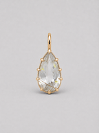 3D render of a golden rutilated white pear shape topaz set in a yellow gold multi claw pendant setting 