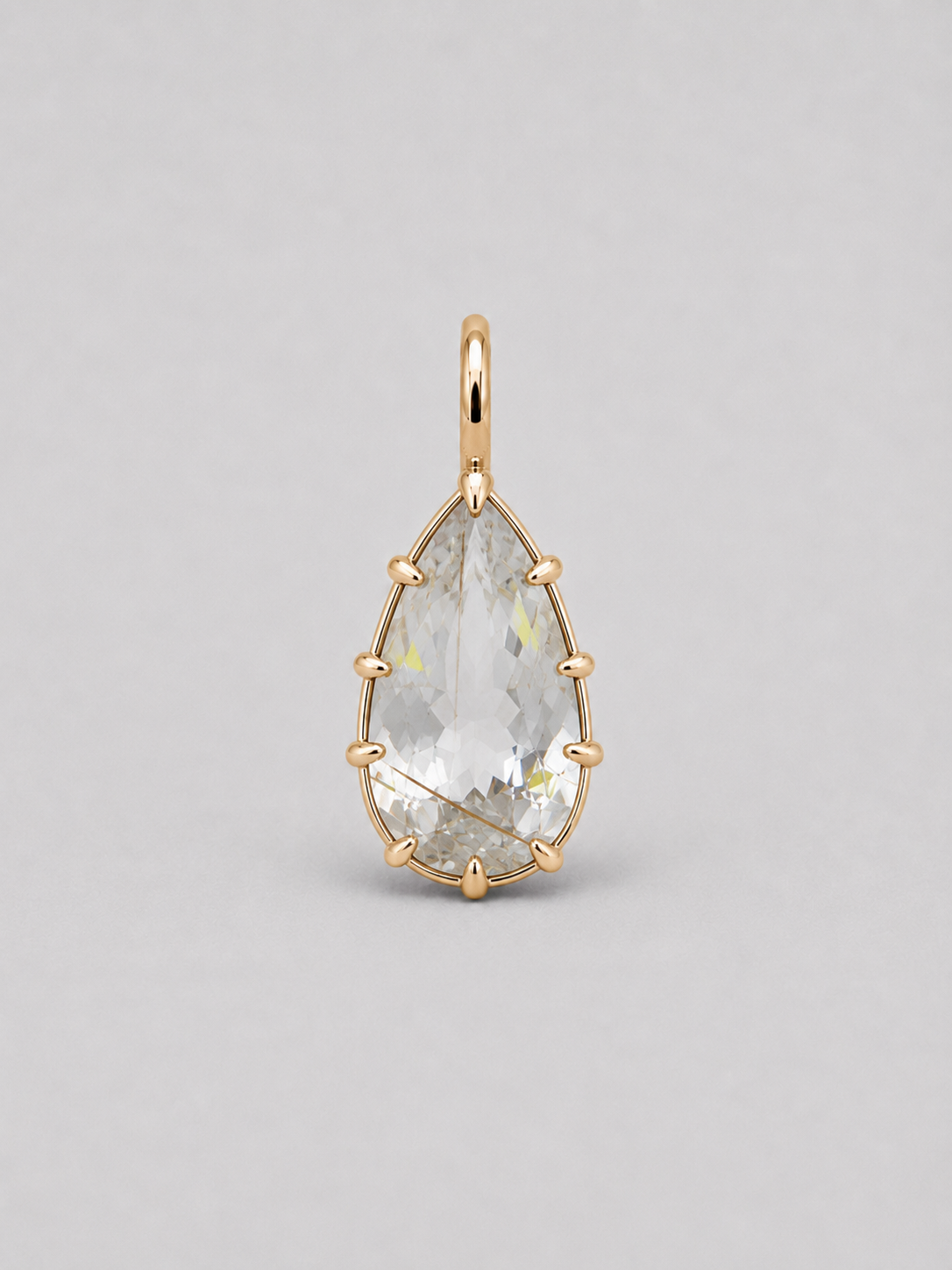 3D render of a golden rutilated white pear shape topaz set in a yellow gold multi claw pendant setting 