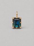 3D render of an emerald cut blue/green parti sapphire on a gold multi claw setting