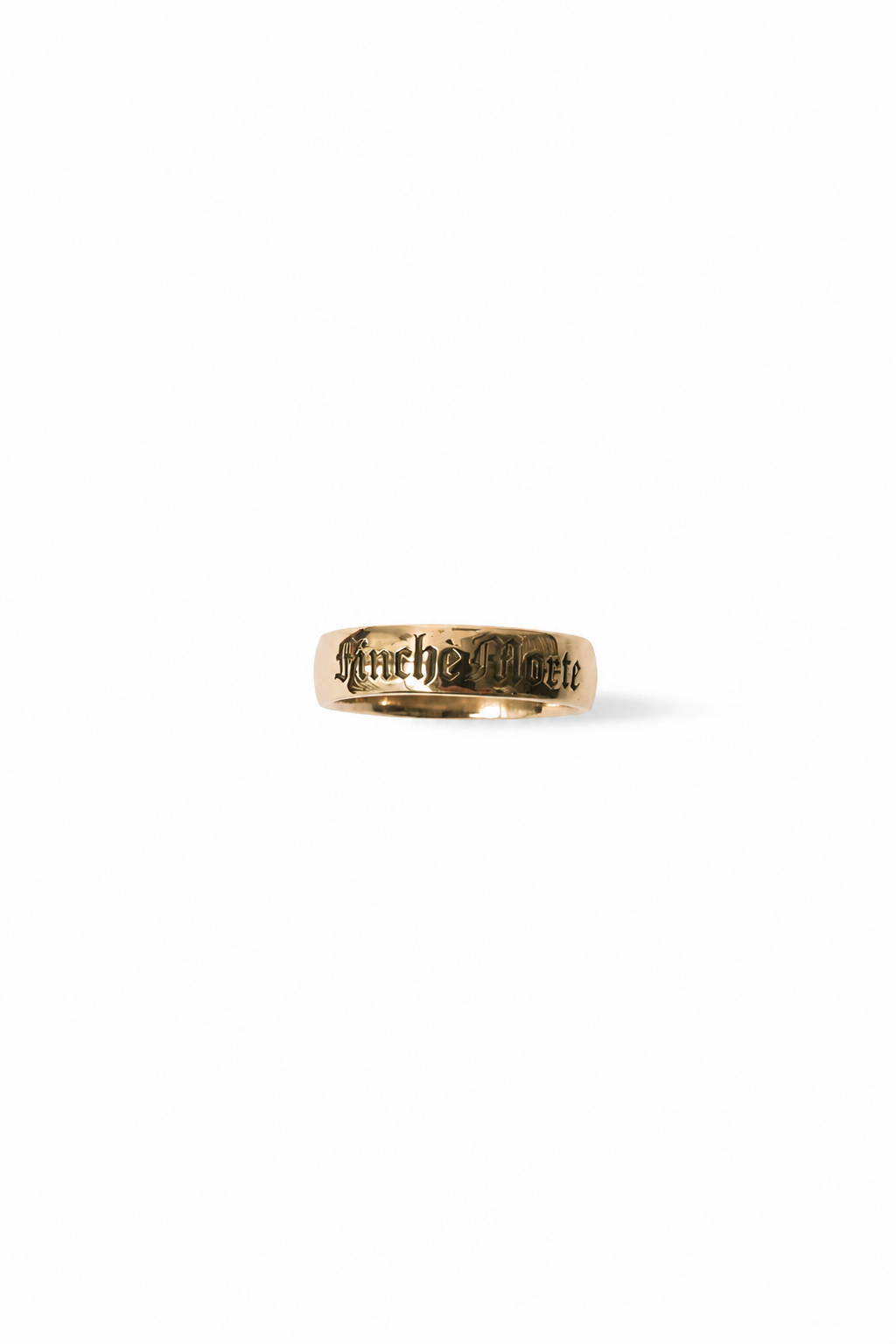 A gold band ring engraved with the gothic-style text 'Finity Ring' on a plain white background.