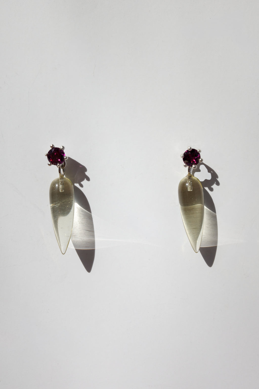 Strange Company Drop Earrings: Lemon Quartz + Rhodolite Garnet