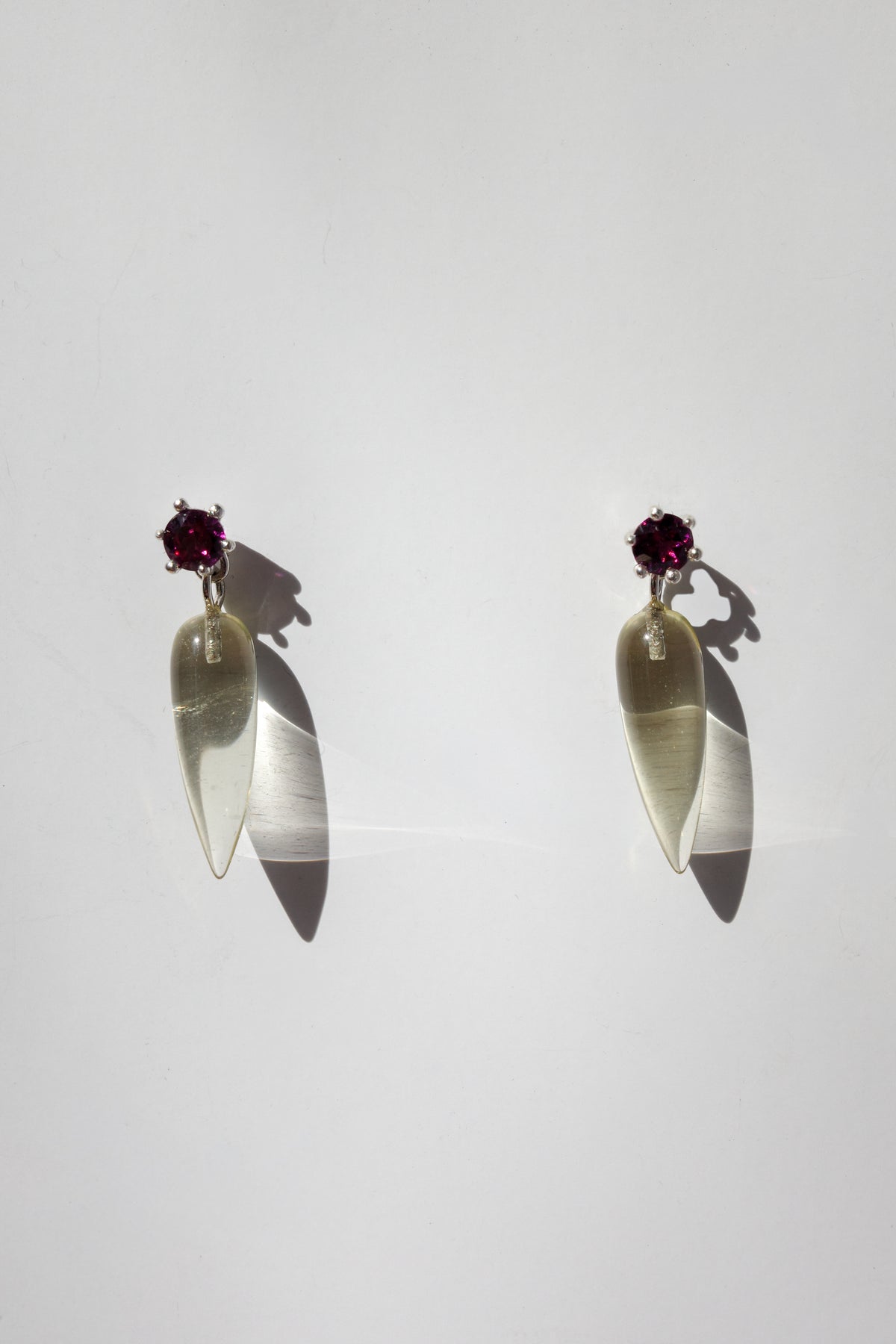 Strange Company Drop Earrings: Lemon Quartz + Rhodolite Garnet