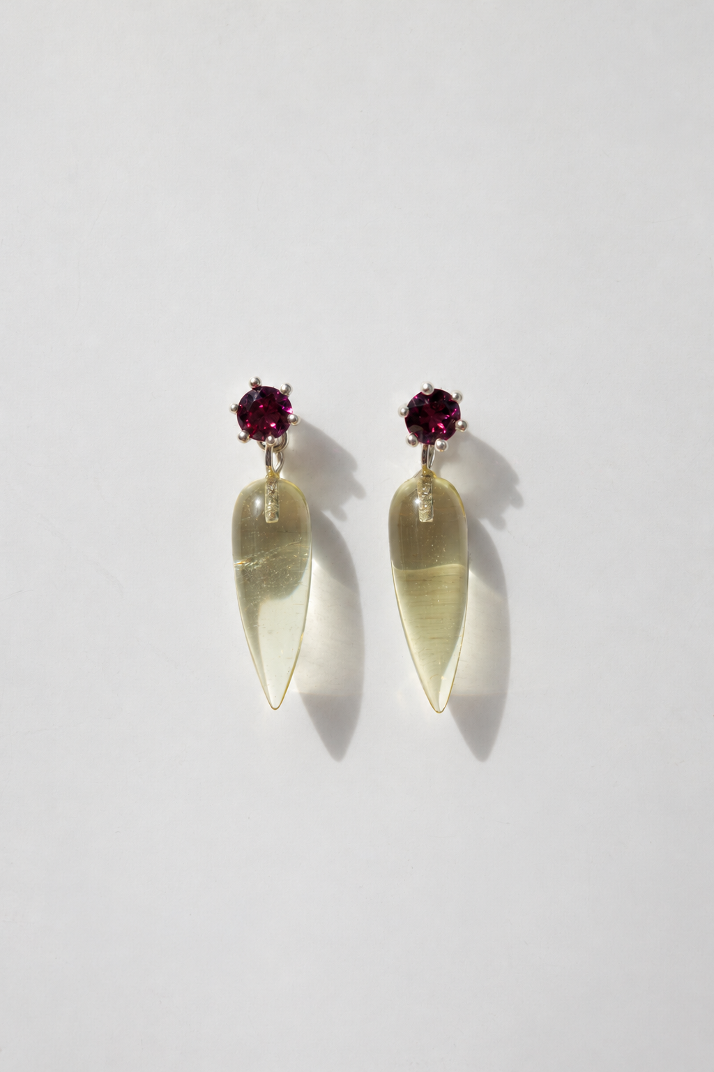 Strange Company Drop Earrings: Lemon Quartz + Rhodolite Garnet