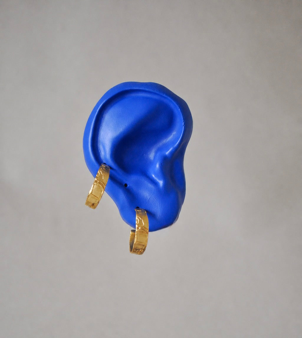 Blue ear model with gold earrings on a grey background