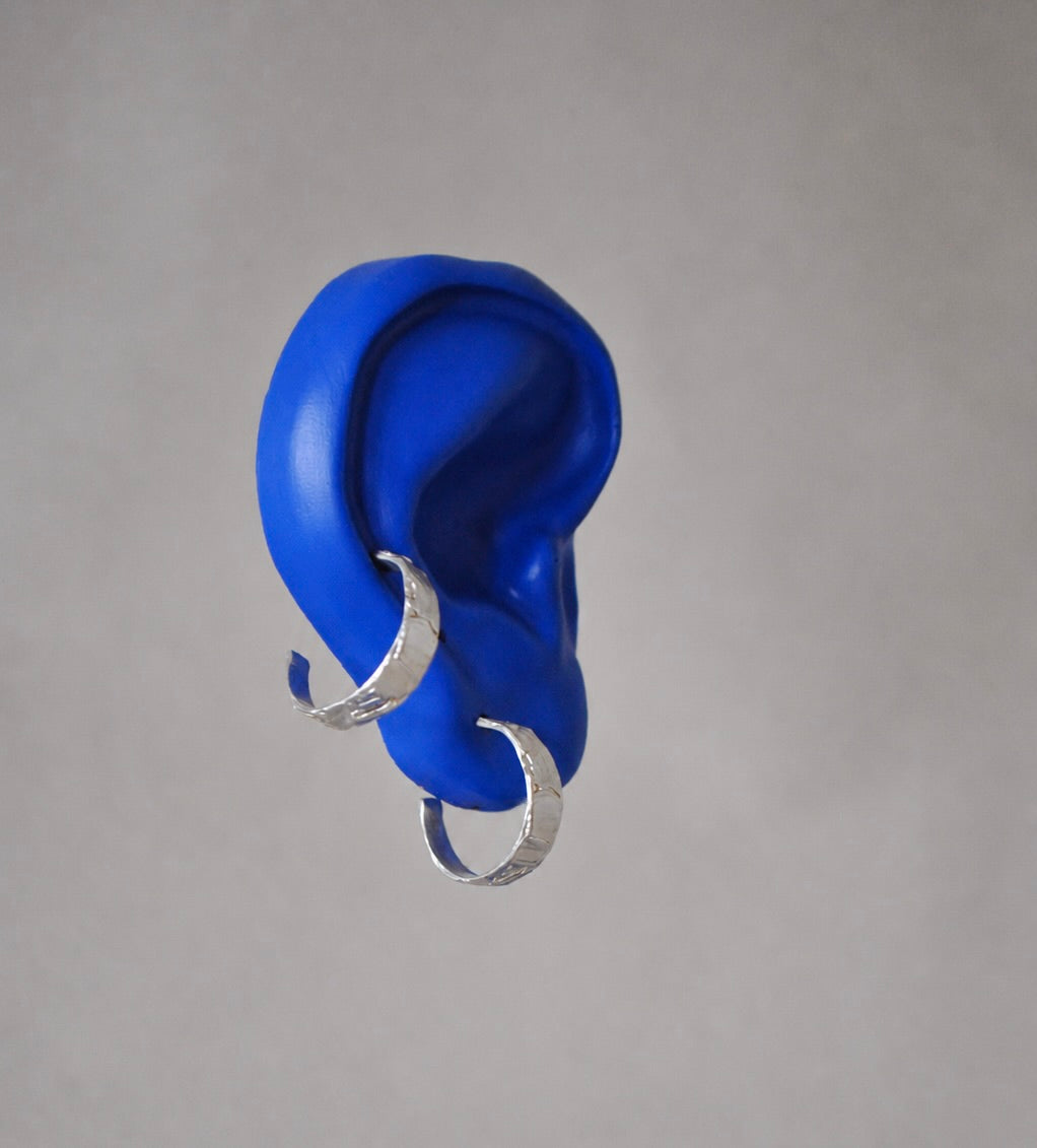 Blue ear with silver earrings on a grey background